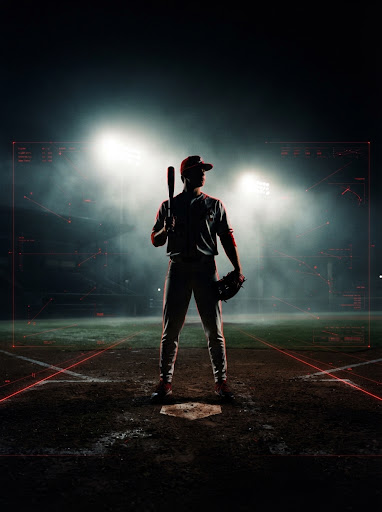 Cinematic sports photography: low angle dramatic silhouette of an elite college baseball player standing proudly on home plate under stadium floodlights and night mist, subtle red holographic telemetry grid framing the field, pitch black background #000000 with focused athletic red #e10613 highlights, high-contrast editorial look.