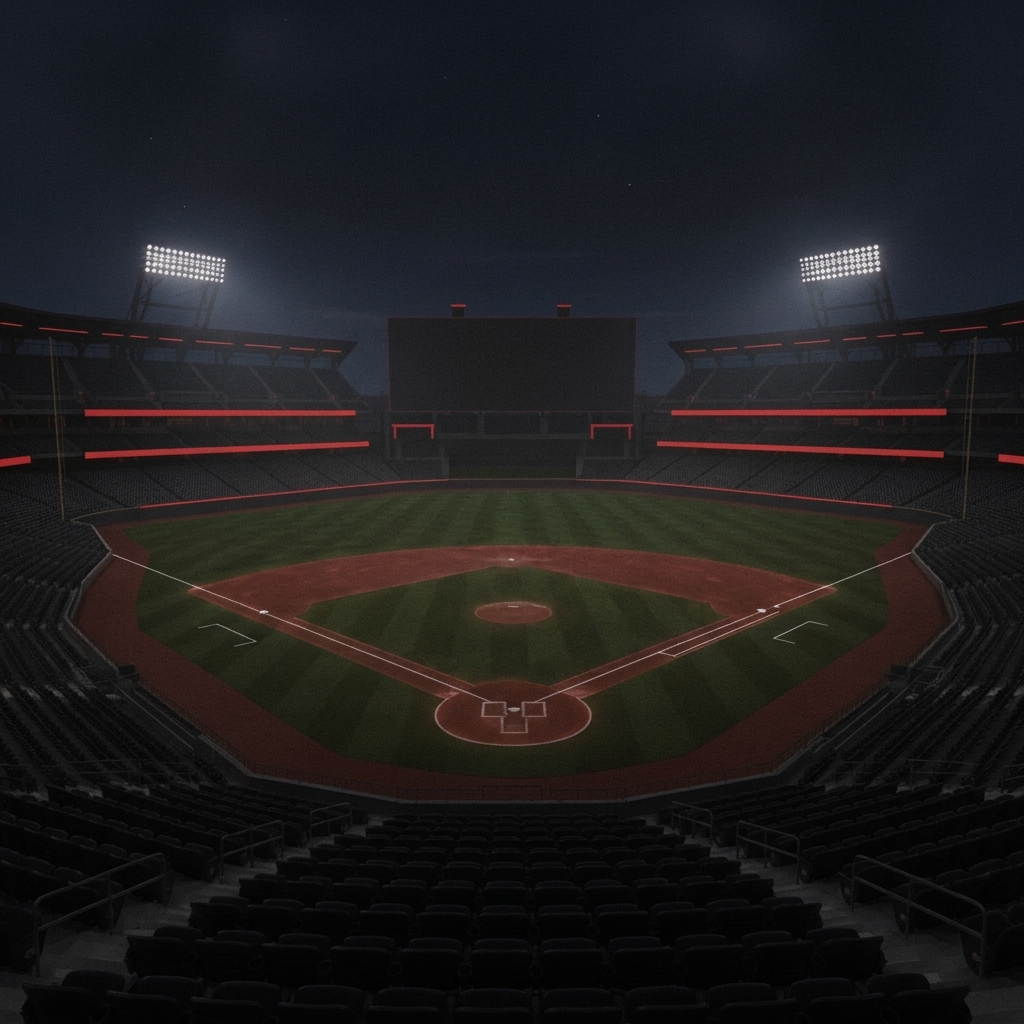 Atmospheric baseball stadium under floodlights