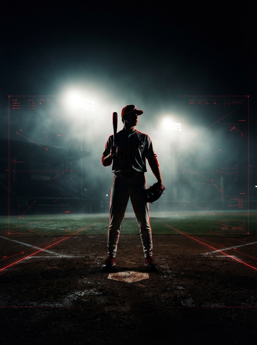 Atmospheric baseball stadium under floodlights