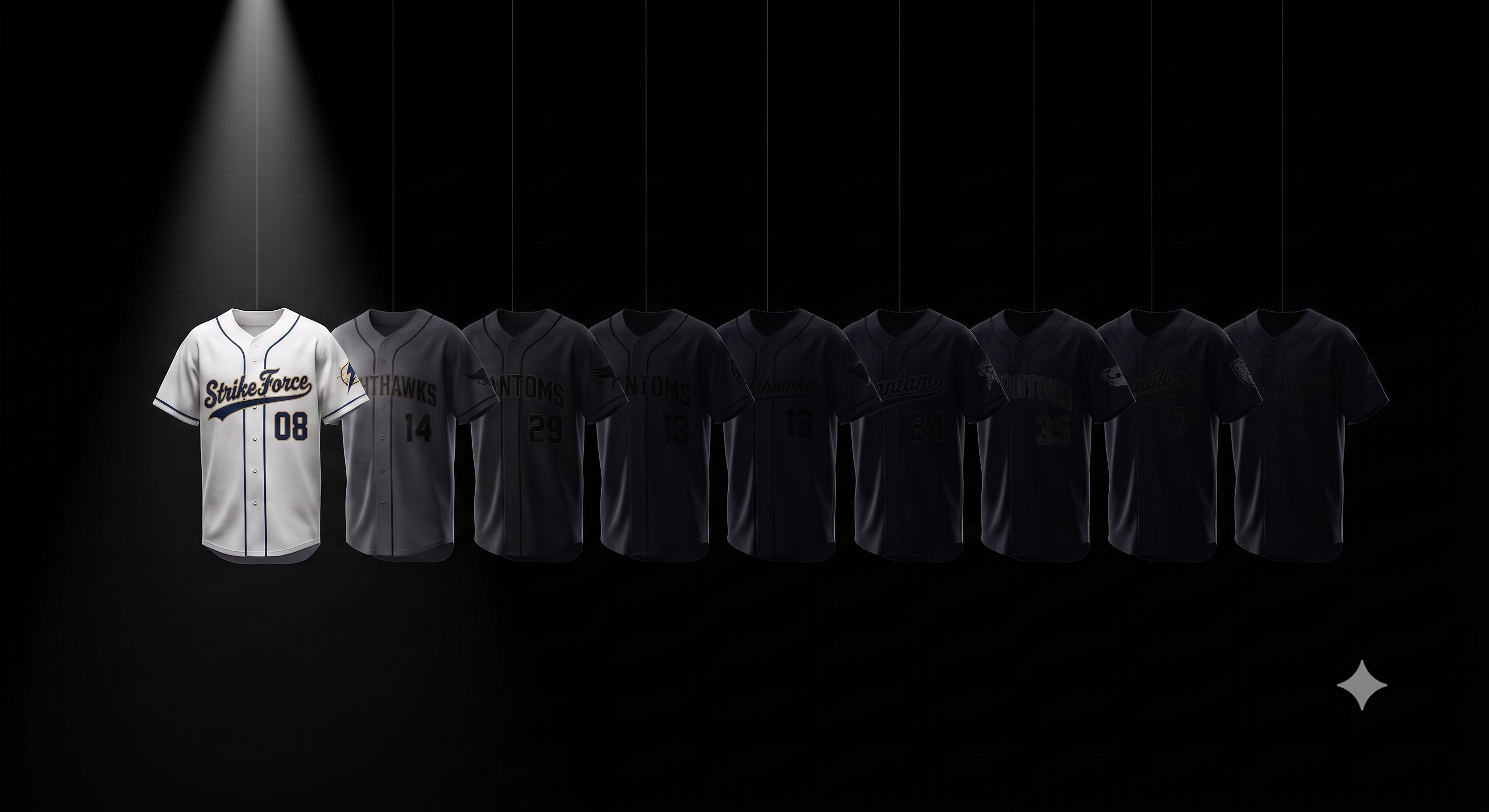 10 baseball jerseys hanging with spotlight on the first jersey