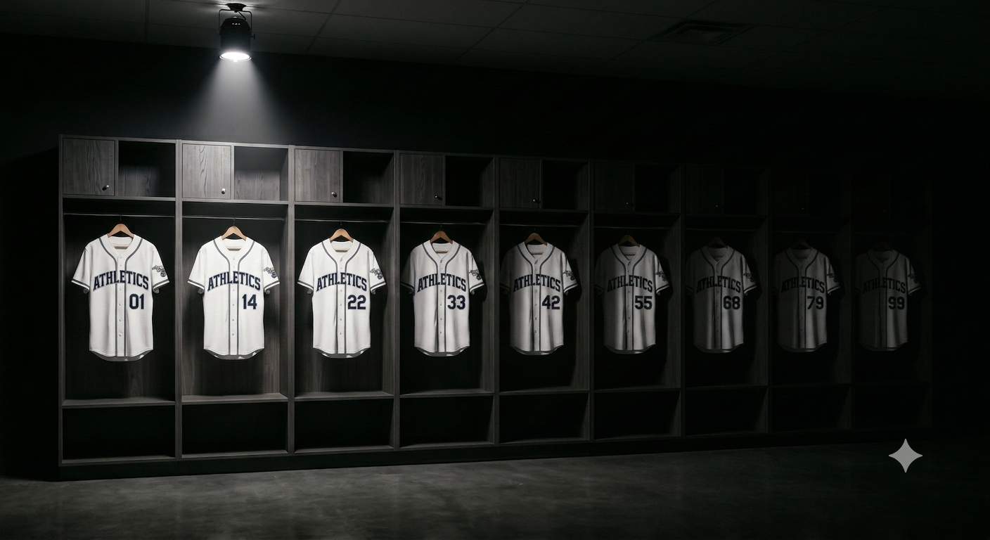 Locker room stalls with spotlight on 1 jersey and remaining in shadow