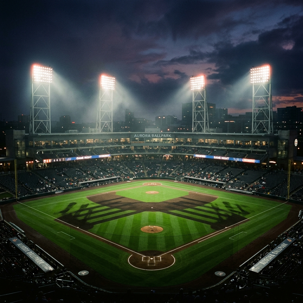 Towering stadium light shafts in dark night