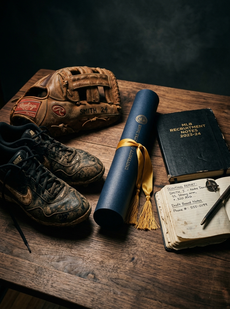 Still life of baseball gear and university diploma scroll