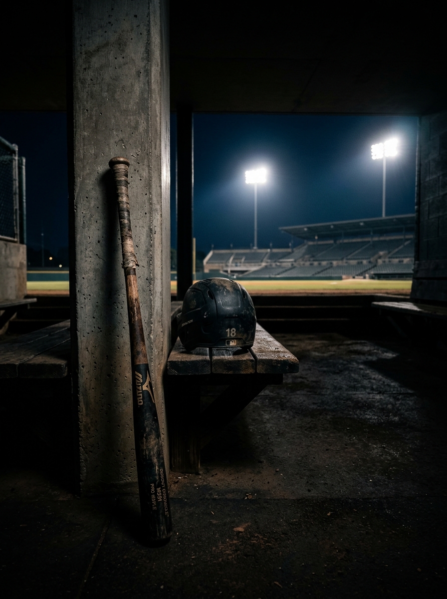 Solitary bat in empty baseball dugout after night game