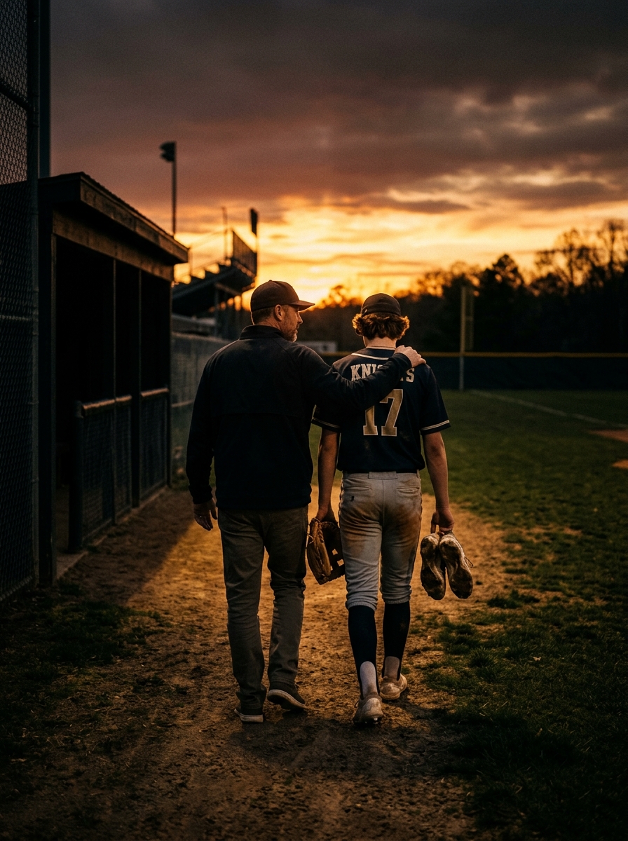 Father and son walking off baseball field at sunset
