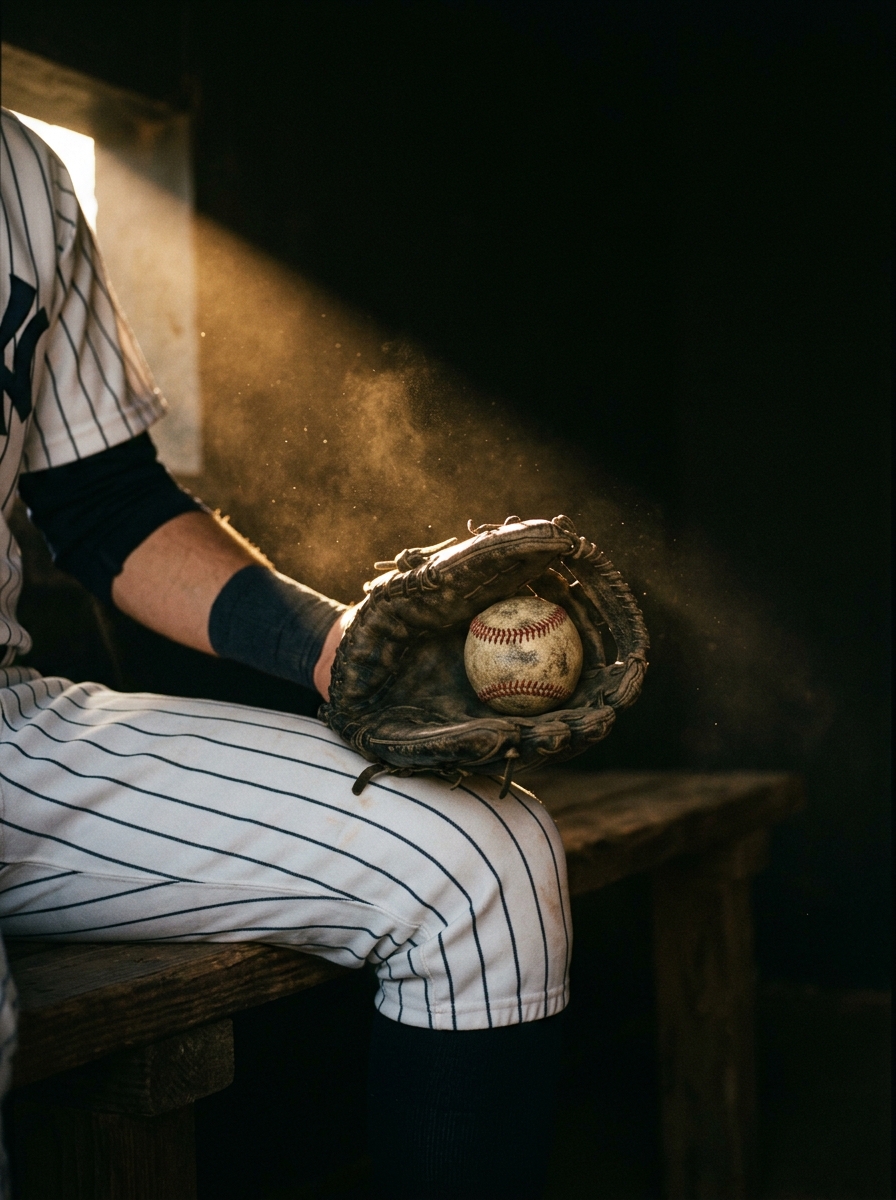 Worn baseball glove and ball with dramatic sunbeam