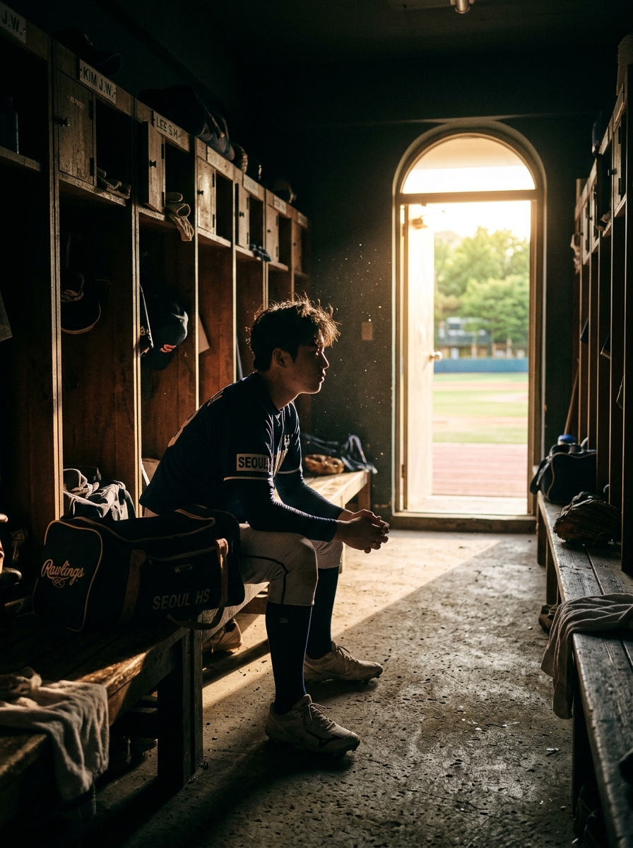 Student-athlete in dark locker room looking at sunlit doorway