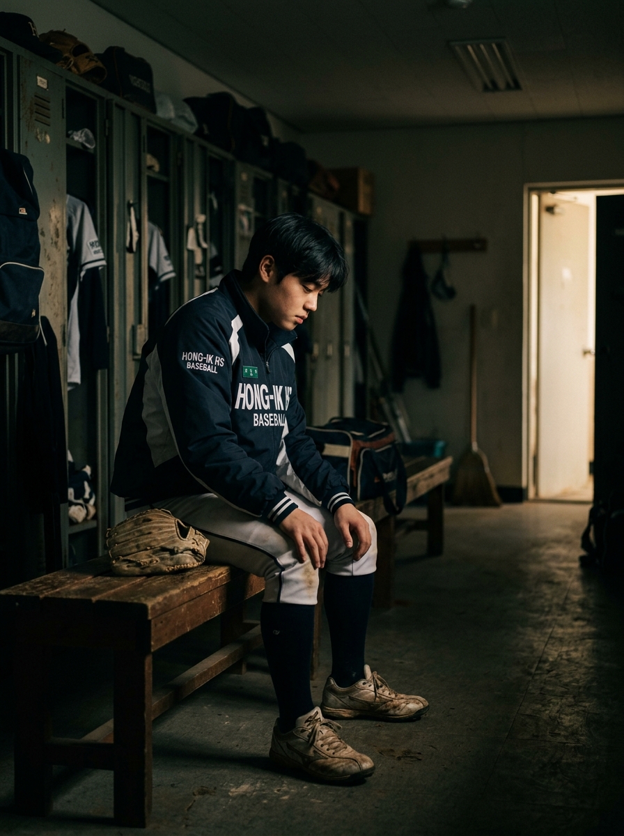Player thinking on bench in dark room