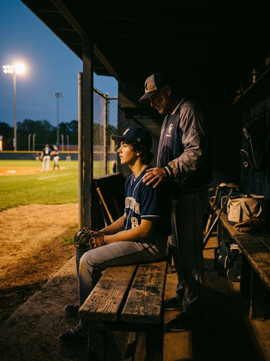 Parent or mentor reassuring baseball athlete in dugout