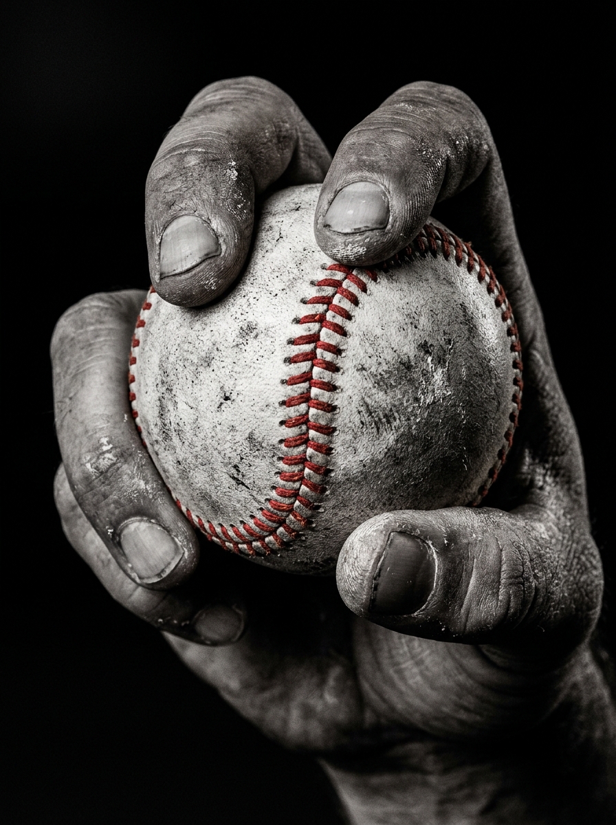 Macro pitcher hand gripping baseball seam